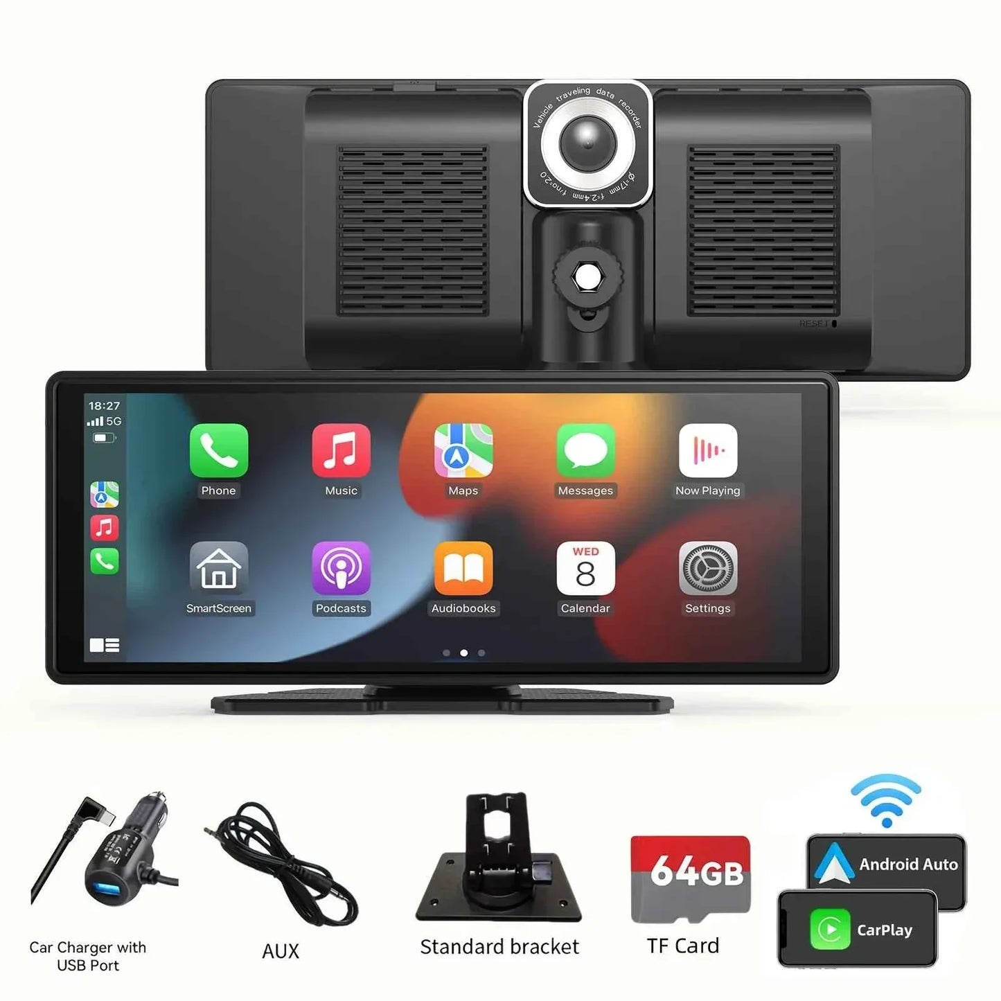 10.26" Portable Wireless CarPlay Car Stereo with HD Touchscreen, Android Auto, Mirror Link, and Backup Camera