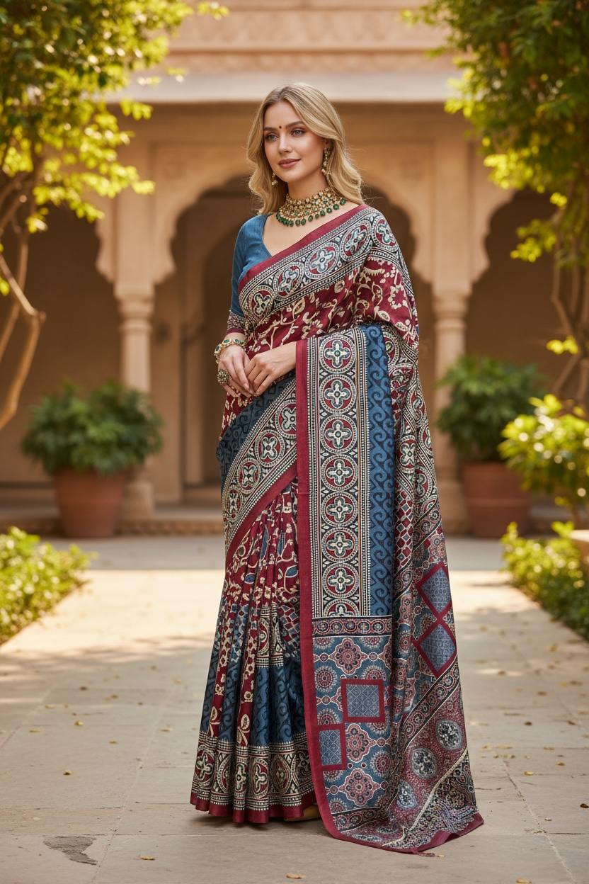 Ajrakh saree on modal silk