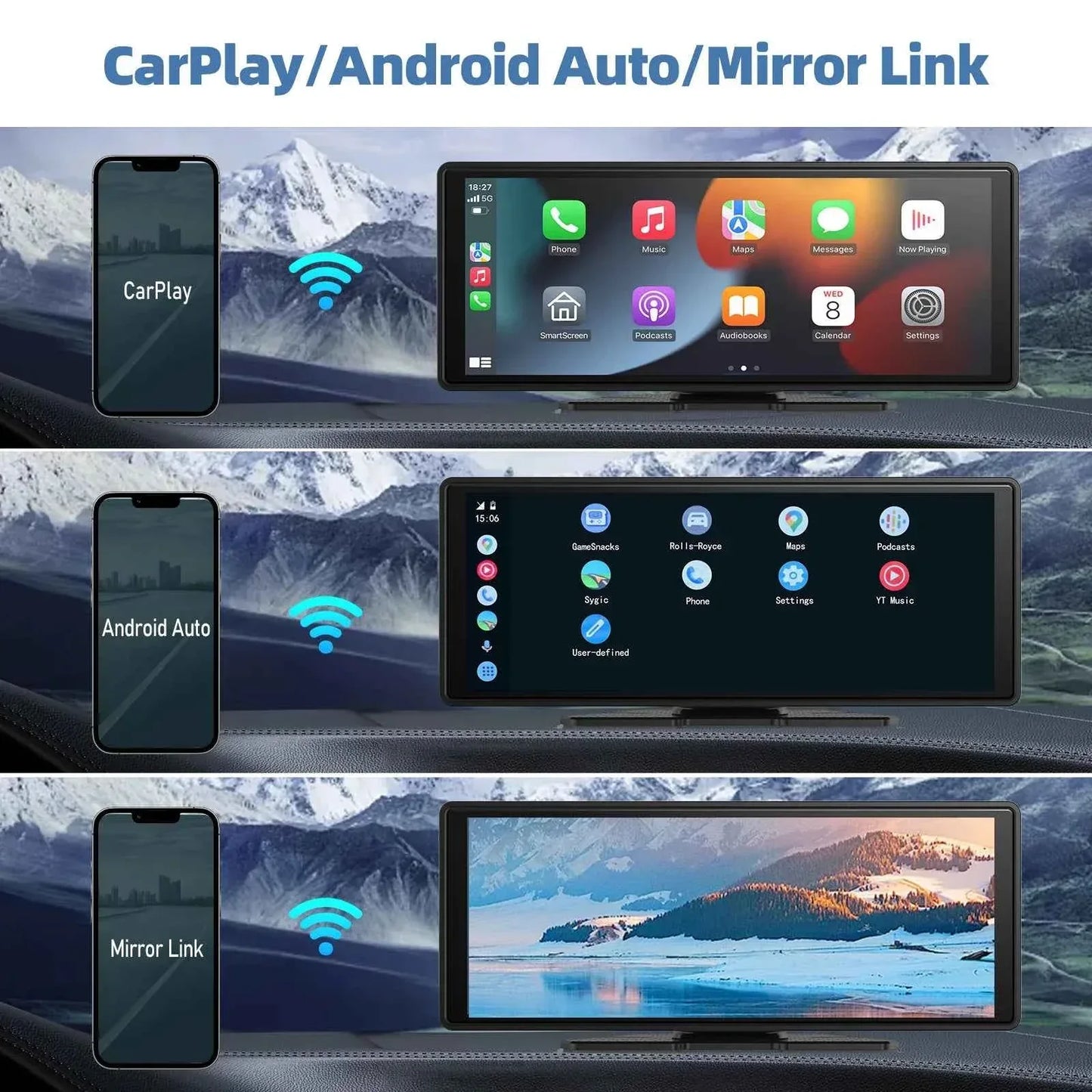 10.26" Portable Wireless CarPlay Car Stereo with HD Touchscreen, Android Auto, Mirror Link, and Backup Camera