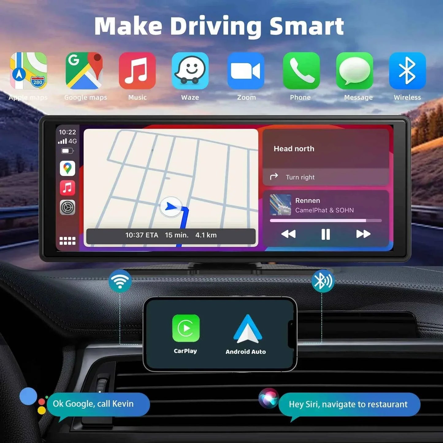 10.26" Portable Wireless CarPlay Car Stereo with HD Touchscreen, Android Auto, Mirror Link, and Backup Camera
