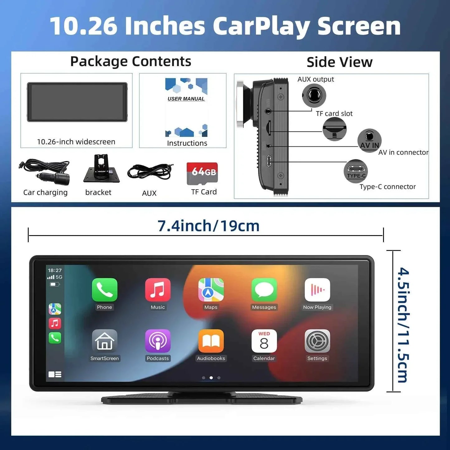 10.26" Portable Wireless CarPlay Car Stereo with HD Touchscreen, Android Auto, Mirror Link, and Backup Camera