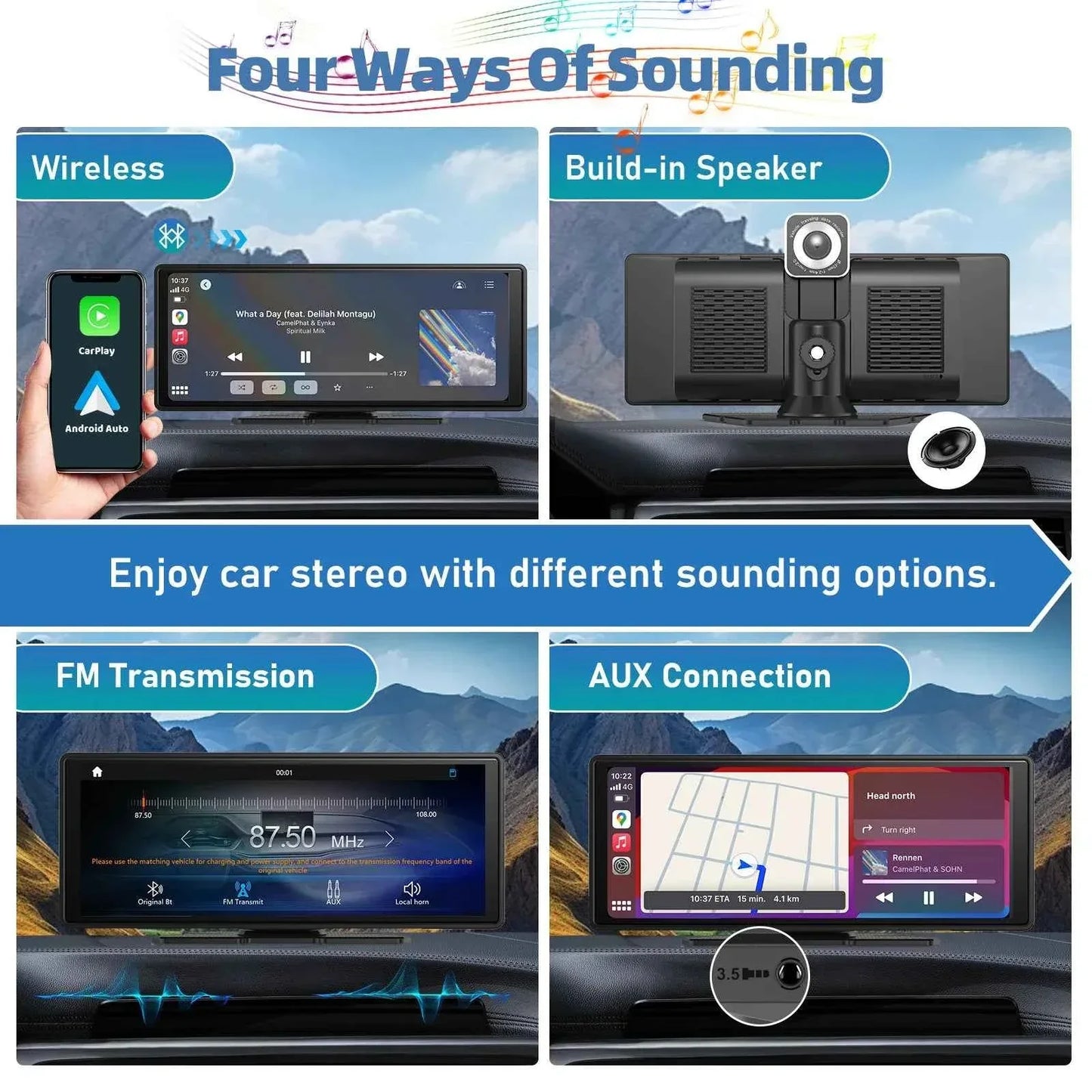 10.26" Portable Wireless CarPlay Car Stereo with HD Touchscreen, Android Auto, Mirror Link, and Backup Camera
