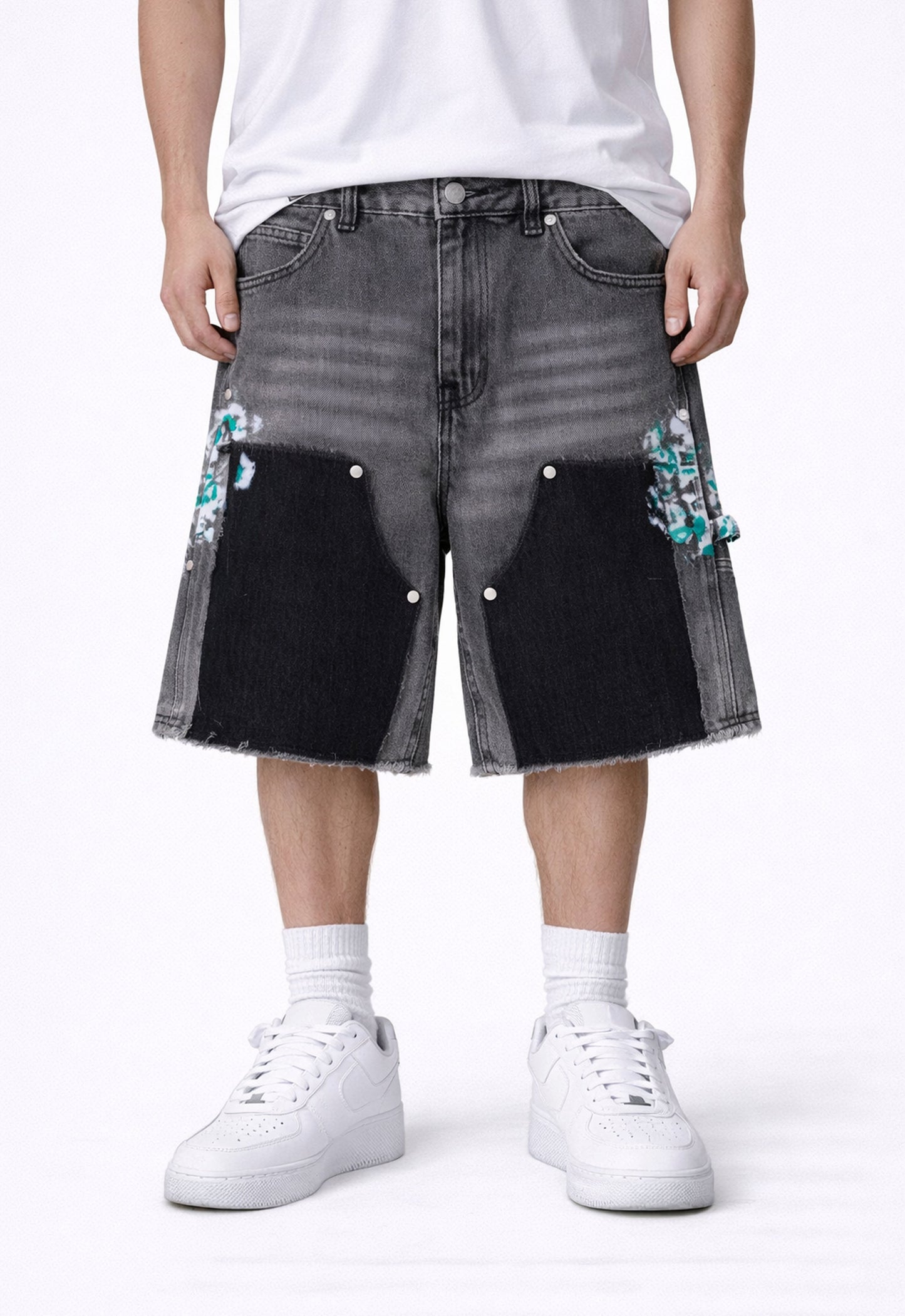 GREY SPLIT PAINTERS SHORTS