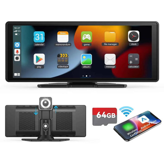 10.26" Portable Wireless CarPlay Car Stereo with HD Touchscreen, Android Auto, Mirror Link, and Backup Camera