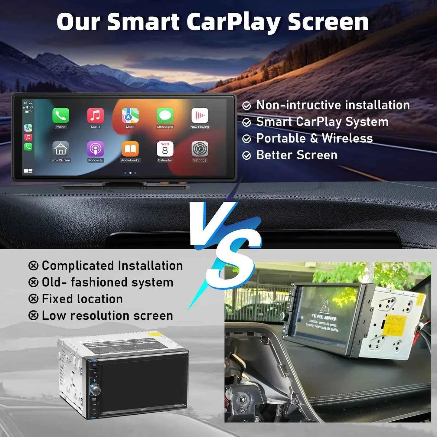 10.26" Portable Wireless CarPlay Car Stereo with HD Touchscreen, Android Auto, Mirror Link, and Backup Camera